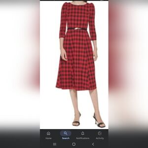 Calvin Klein Red and Black Plaid Long-Sleeve Midi Dress with Belt